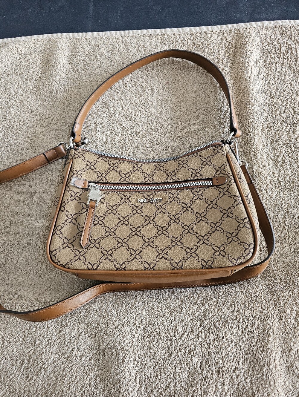 Nine West Tan Monogram Shoulder Bag with Front Zip
